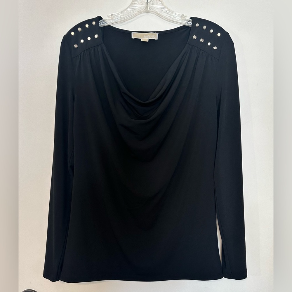 Michael Kors Black Studded Shoulder Top Plunged Neck Long Sleeve‎ Sz Small Used